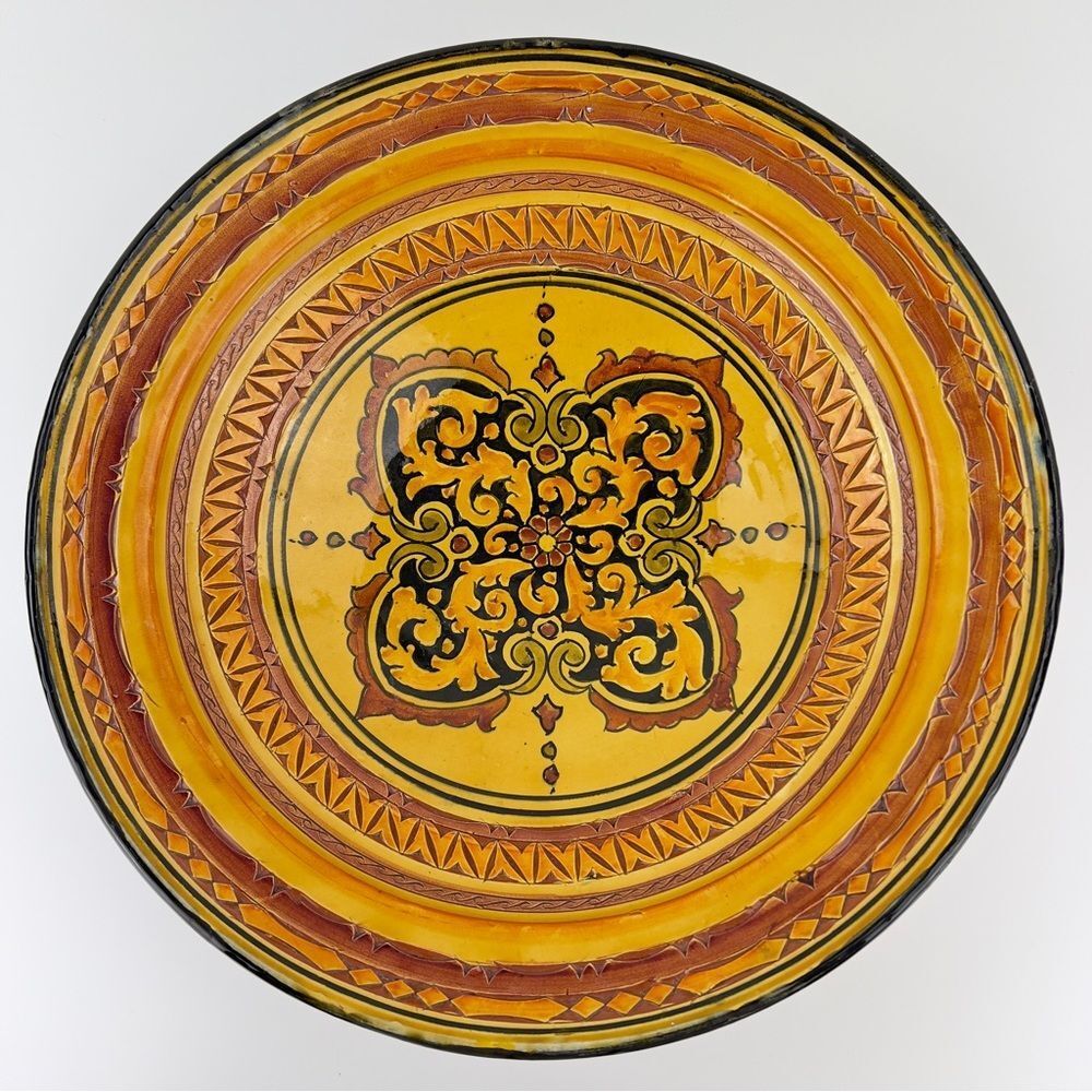 Moroccan Art Pottery Bowl Yellow Wall Plate Hand Painted Signed 17”